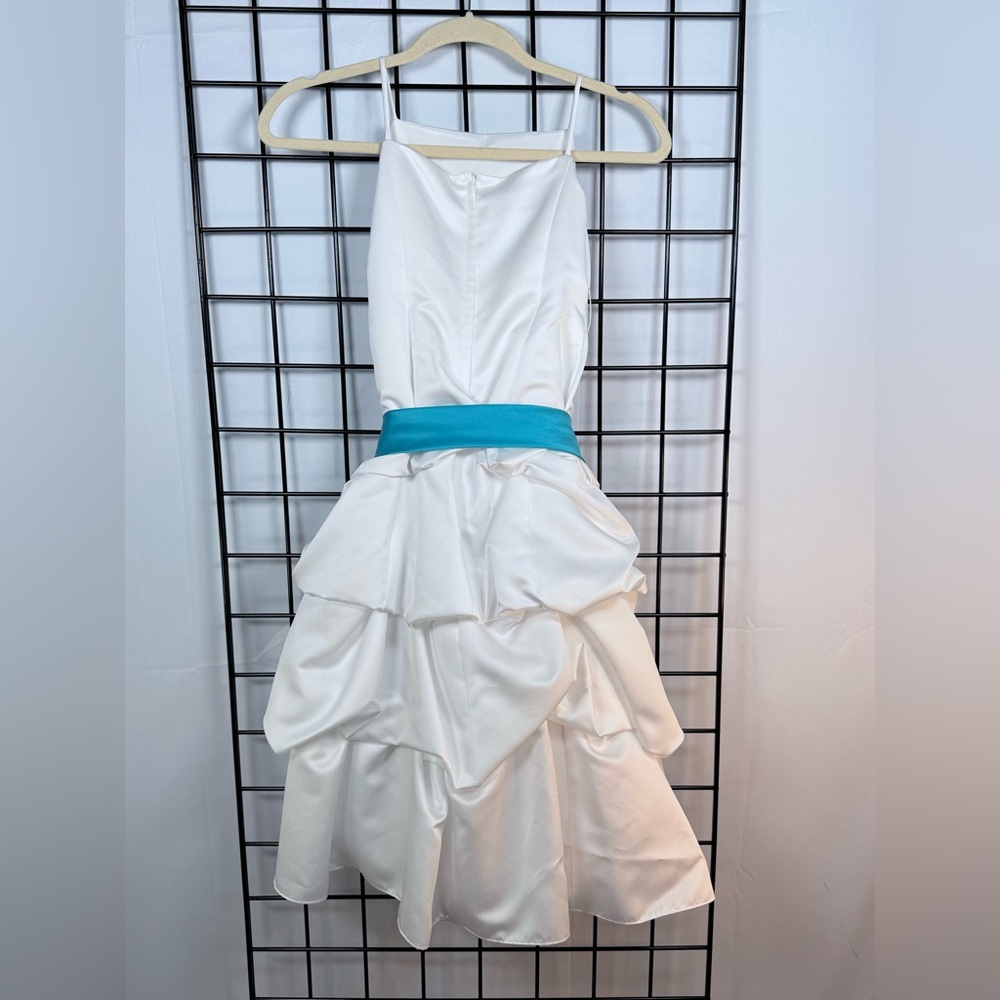 David’s Bridal Flower Girl Satin Pick-up Ballgown Dress Girls 5 White Turquoise - Picture 3 of 7